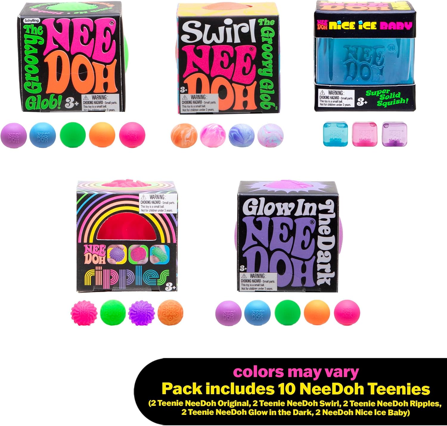 NeeDoh Teenie 10-Pack - 5 Styles of Teenie Squishies- Nice Ice Baby. Original. Swirl. Ripples. Glow - Ages 3 and Up - 10 Teenies Per Pack - Image 2
